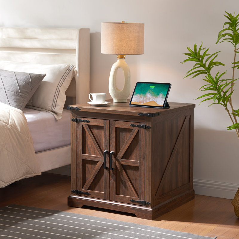 Jaimar 24"W Farmhouse Square End Table with Charging Station&Authenic Rattan Door, Adjustable Storage Shelf, Brown, Brown