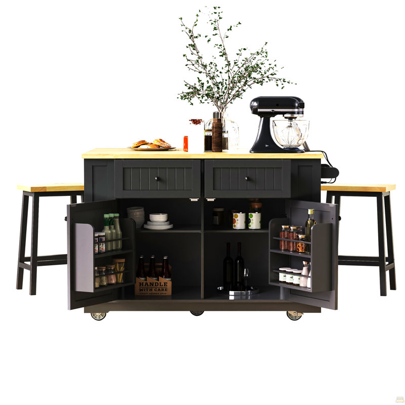 48 Inch Large Kitchen Island With Drop Leaf (Not Include Stools), Black