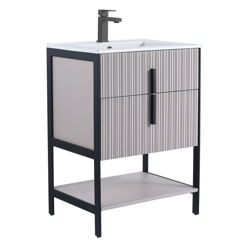  Meuble-lavabo moderne avec plateau en céramique blanche Serenity, Taupe vif / noir, 24"