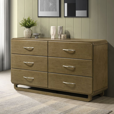 Commode large Deon, 6 tiroirs avec poignées en nickel, pieds de traîneau, brun muscade