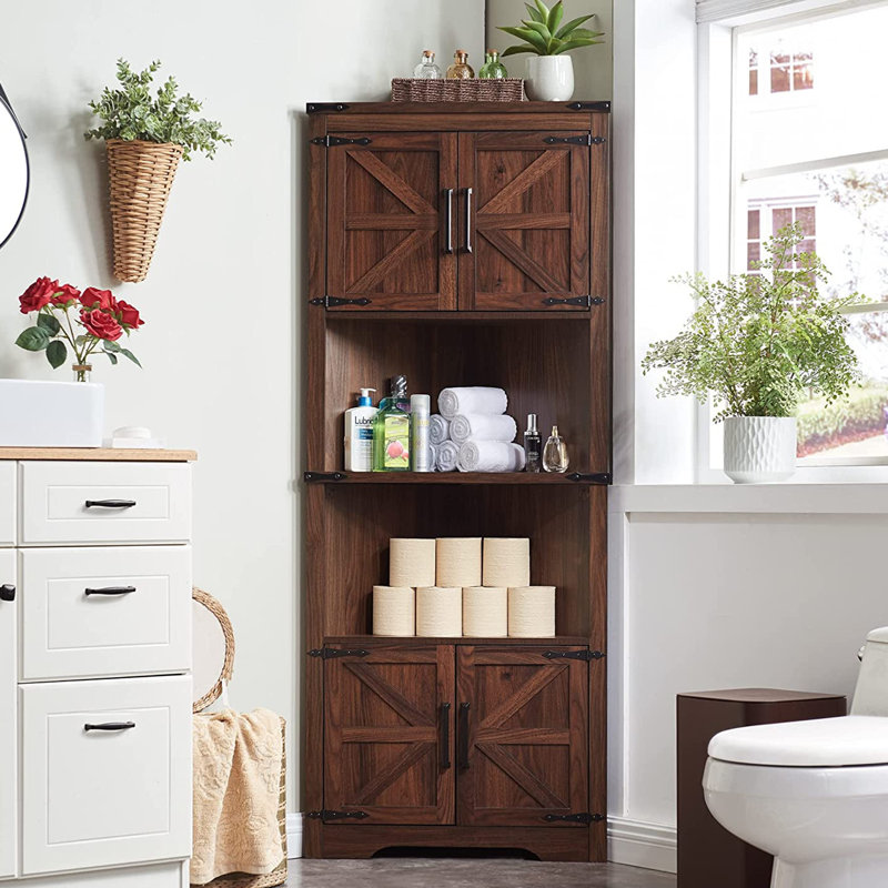 Tall Corner Storage Cabinet with Barn Door and Adjustable Shelves, Brown