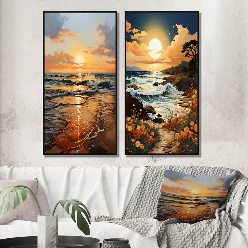 Lever de soleil bleu sarcelle orange sur la plage «Lever de soleil bleu sarcelle orange sur la plage» - 2 pièces, Cadre noir
