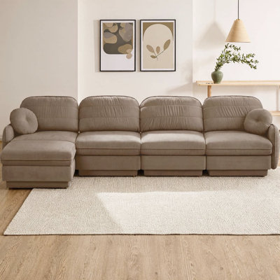 137" Oversized L-Shaped Chenille Sofa, Deep Seat Sectional with Movable Ottoman, Quilted Back Cushions, Round Throw Pillows, Modular Design, Recessed Legs, Easy Assembly for Living Room