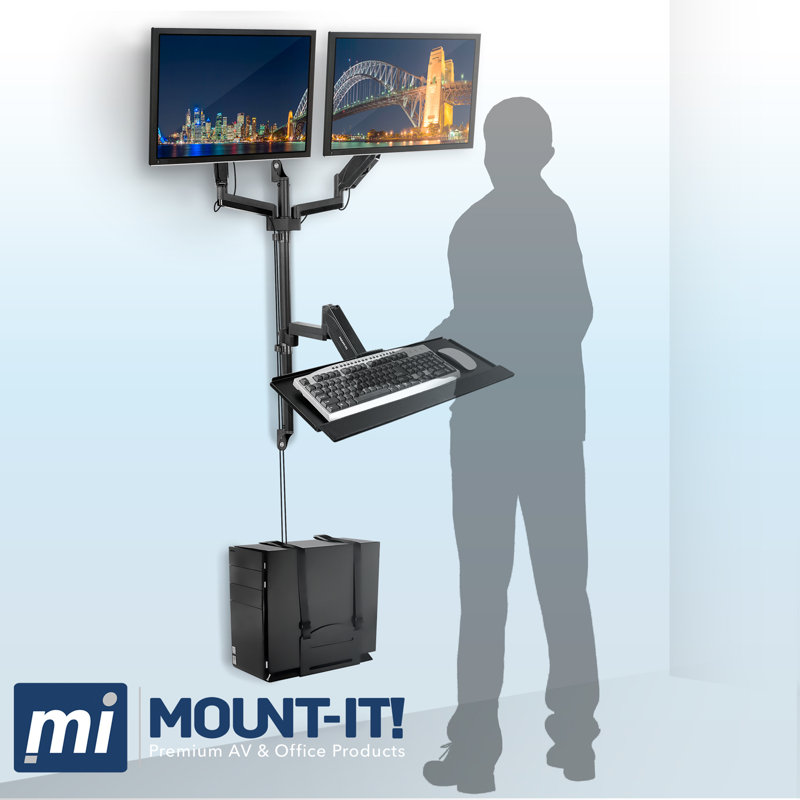Mount-It Adjustable Full Motion Dual Wall Mount w/ Keyboard Tray & CPU Holder | Fits 32 in. Screens
