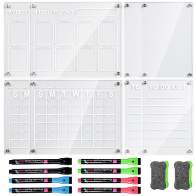 Acrylic Magnetic Calendar Planner 2 Sets, Transparent Dry Erase Board Monthly Weekly Daily with Markers for Refrigerator (8-Pieces Set)