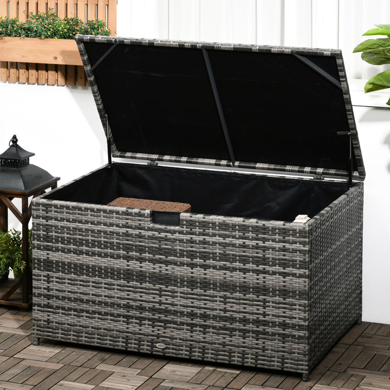113 Gallon Outdoor Storage Box, Deck. Dark Gray, Waterproof. Holds Garden Tools, Pool Supplies. Design Deck Gallon. Gray Waterproof Storage. For Patio, Garden. Keeps Belongings Clean