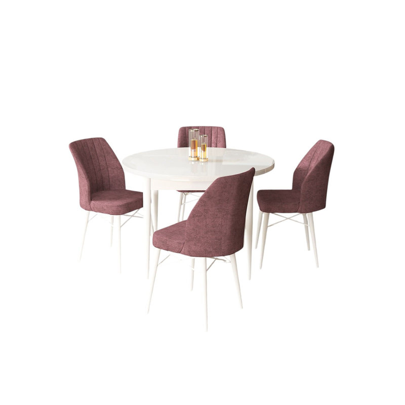 Ensemble de table et chaises de salle à manger moderne 5 pièces, blanc et rose cendré | 100% panneau de particules revêtu de mélamine, table: 35,4 po x 29,5 po x 35,4 po, chaises: 17,7 po x 36,6 po x 16,5 po | Pieds en bois et structure en métal, coussins en mousse confortables, élégants et fonctionnels