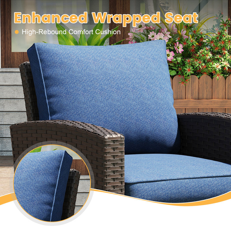 Outdoor Patio Swivel Rattan Rocking Chair with Cushions, Brown Frame/Cobalt Blue Cushion