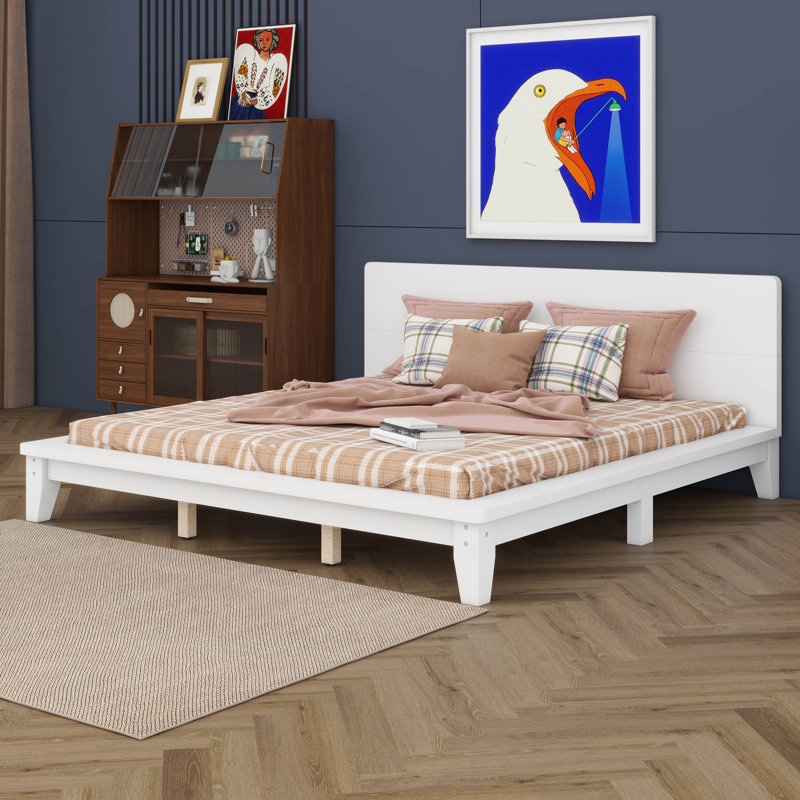 Base de lit plateforme en bois, base de lit avec tête de lit et lattes de bois, Très grand lit, White