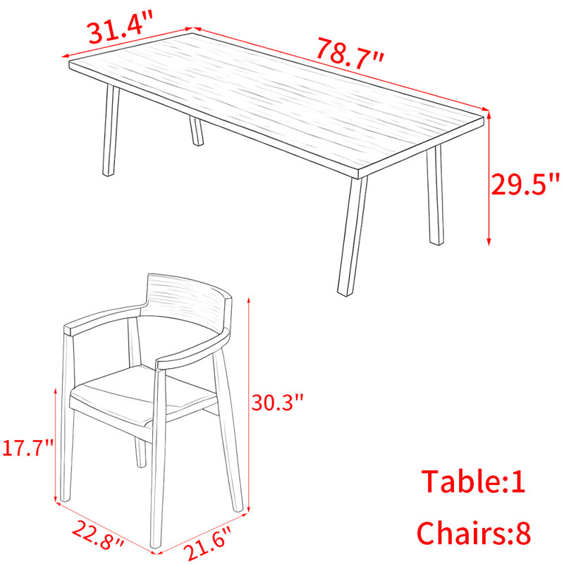 Ensemble de table de salle à manger en bois massif de style nordique, H 29,5 po x L 78,7 po x l 31,4 po
