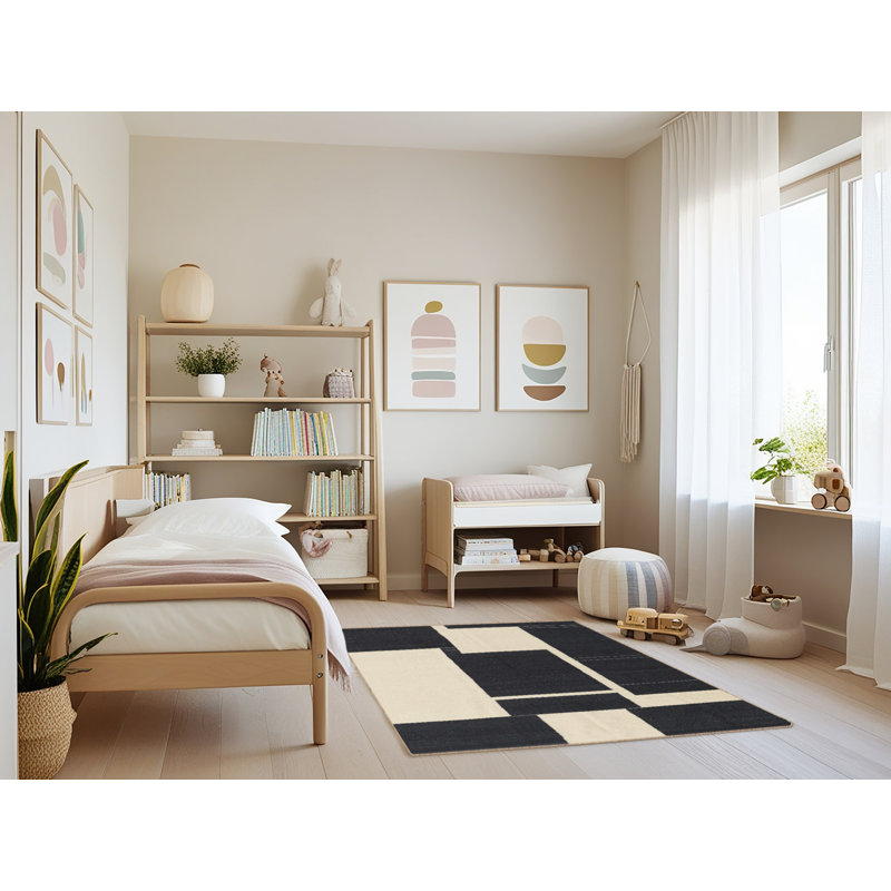 Tapis abstrait noir / beige, Rectangle 3 pi x 5 pi