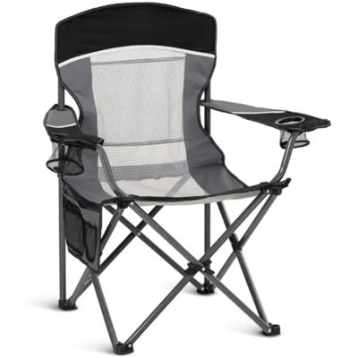 Chaises de camping surdimensionnées entièrement rembourrées avec soutien lombaire | Structure en acier robuste (500 lb), solide et durable, sac isotherme, tissu Oxford 600D, porte-gobelet, sac de transport, poche, montage facile