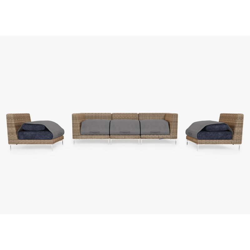 Brown Wicker Outdoor Sofa With Armless Chairs - 5 Seat, Deep Sea Navy