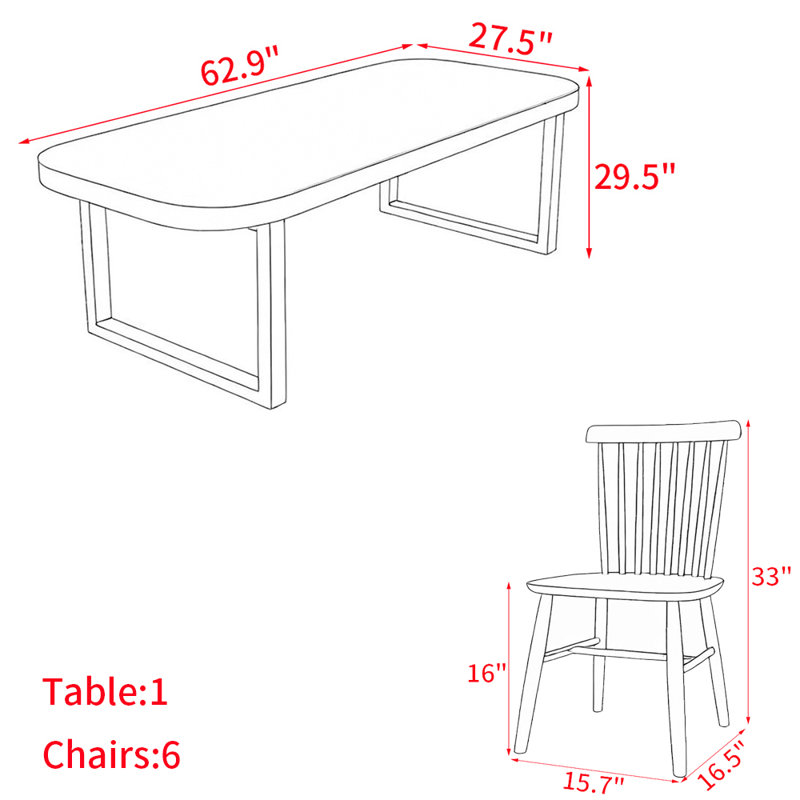 Ensemble de table de salle à manger en bois massif de style nordique, H 29,5 po x L 62,9 po x l 27,5 po