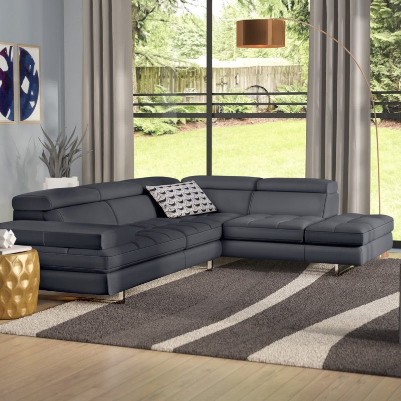 Upholstered Sectional, Right Hand Facing, Slate Gray Genuine Leather