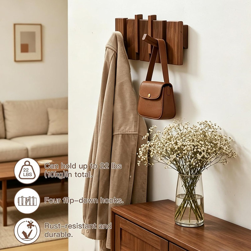 Porte-manteau mural en bois, crochets robustes pour manteaux, chapeaux, serviettes, sacs et clés