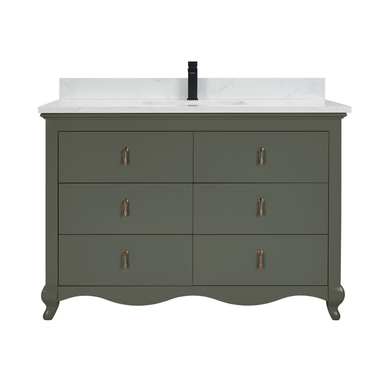 48" Solid Wood Single Bathroom Vanity with 1” Engineered Stone Top, Pewter Green