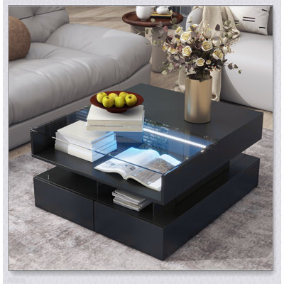 Table basse à plateau relevable avec 2 tiroirs, conception carrée moderne avec plateau en verre et finition ultrabrillante, rangement caché et lumières DEL pour le salon
