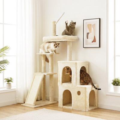 Arbre à chat de 146 cm (57,5 pouces) avec tour et condo pour plusieurs chats, agencement flexible, poteaux à griffer et rampe en sisal, longue plateforme de détente, surfaces douces et moelleuses, balles de jeu, convient aux chatons et aux chats adultes (beige)