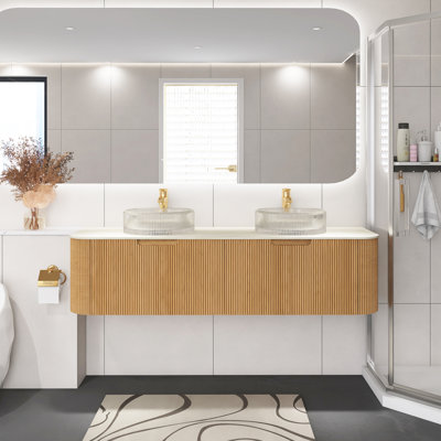 Meuble-lavabo 60 po, meuble-lavabo rayé à bords arrondis avec 2 tiroirs, 2 lavabos ronds transparents et plateau en pierre frittée à motif de travertin, couleur grain de bois naturel