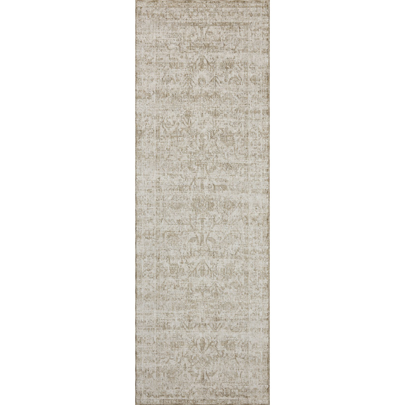 Ivory and Natural Distressed Polyester Runner Rug 2'7" x 8'