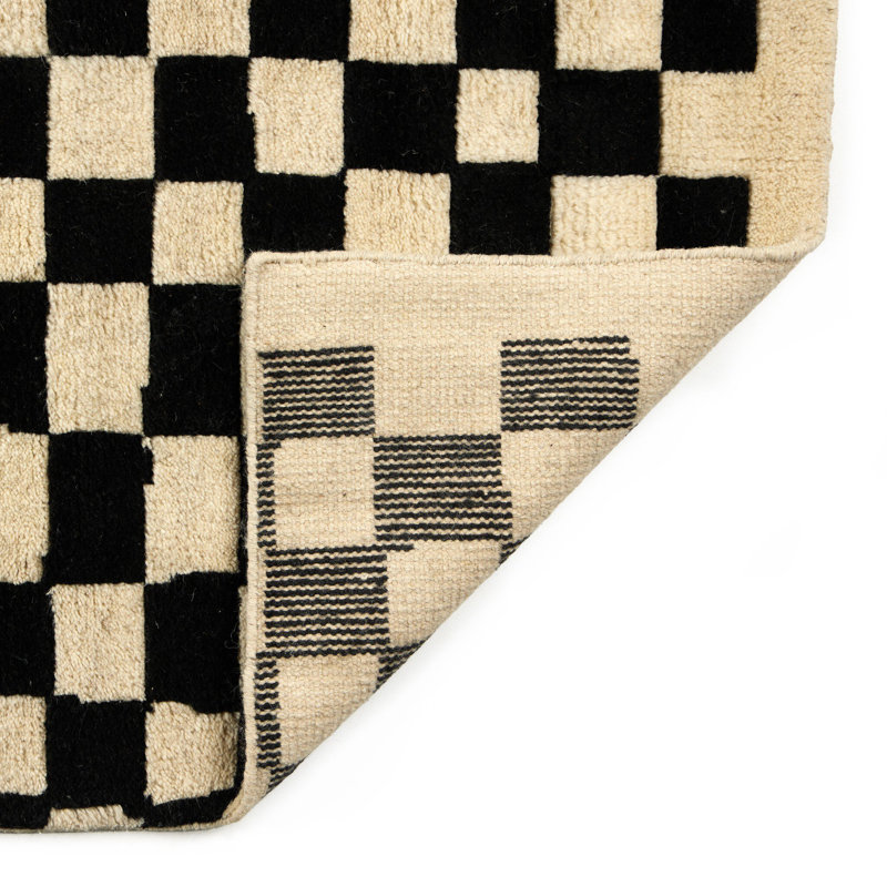 SINEAD Hand Knotted Wool Checkered Area Rug in Black, Rectangle 10' x 14'