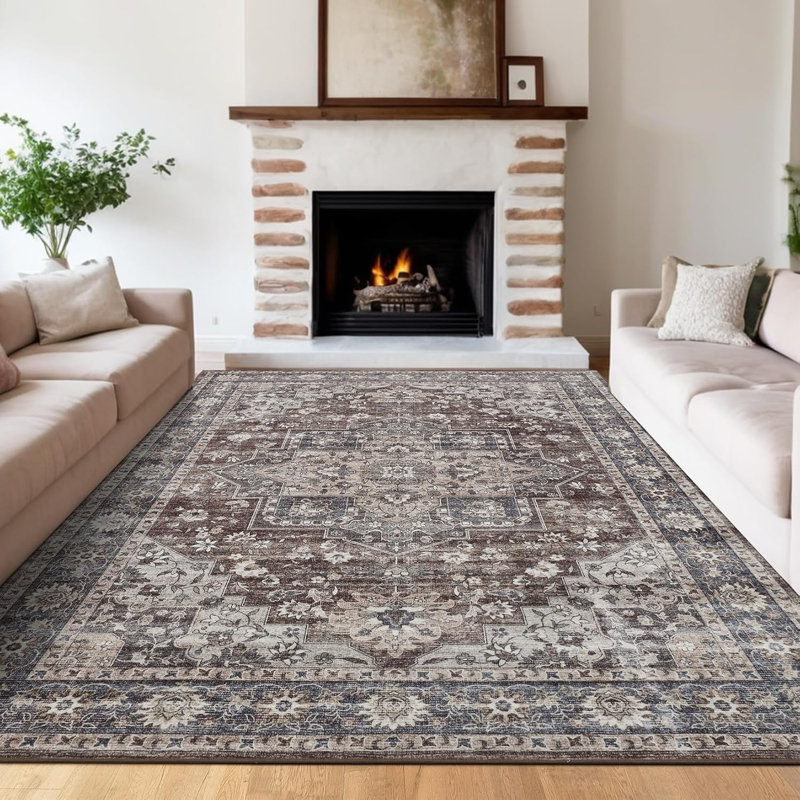 Washable  Area Rug Vintage Medallion  Non-Slip Non-Shedding Oriental Distressed Accent  Soft Low Pile Hallway Red