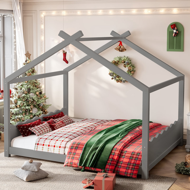 Full House Floor Bed with Support Slats, Gray, Full