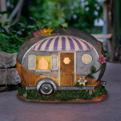 Exhart Solar Hand Painted Camping Trailer Statue with Awning, 5 by 6.5 Inches
