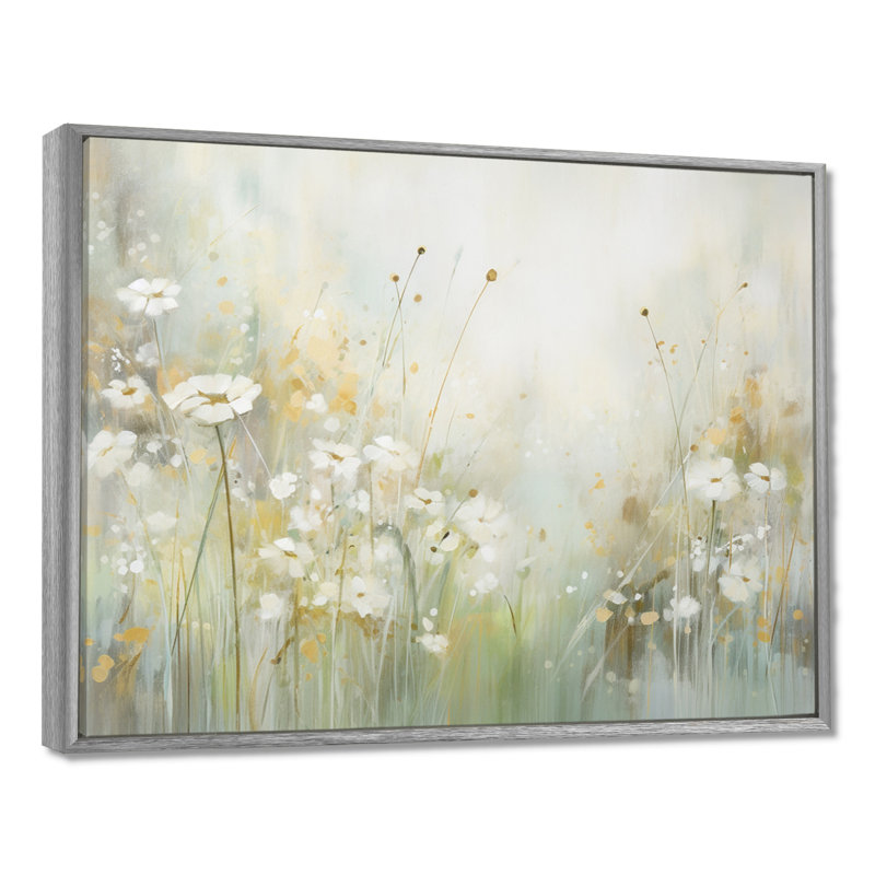 «Green Beige Serene Meadows II - Abstract Botanicals», art mural, H 30 po x l 40 po x P 1,5 po, Encadrement argenté