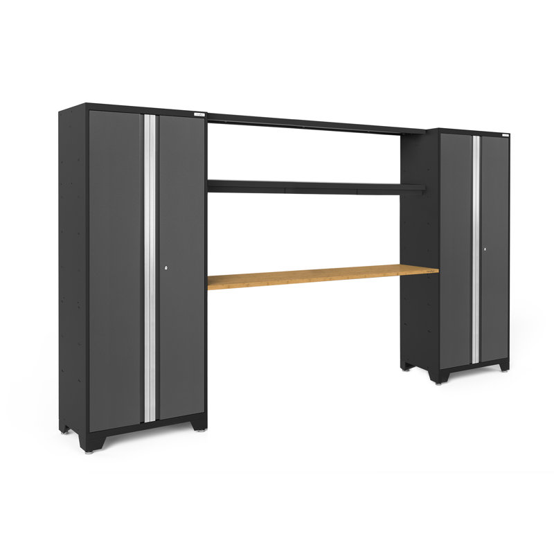 Bold Series 4 Piece Garage Storage Cabinet Set with Integrated Display Shelf, Bamboo