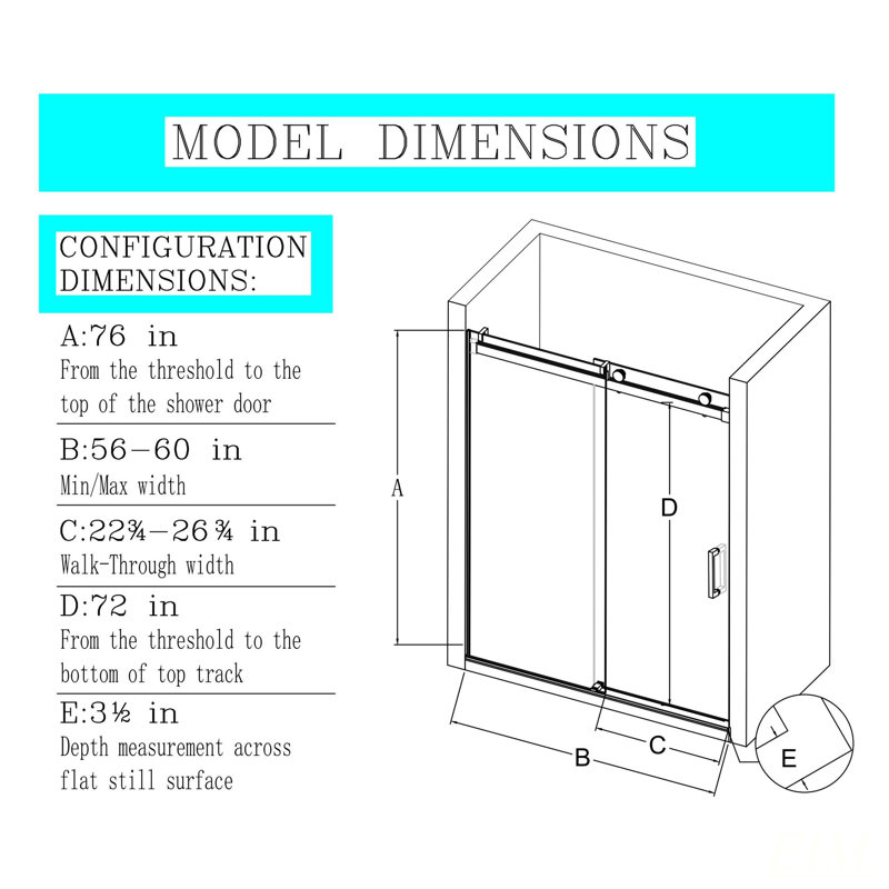 Portes de douche coulissantes simples sans cadre à fermeture en douceur de 56 à 60 po x H 76 po avec tampon, porte de douche coulissante pour salle de bain, porte en verre trempé épais de 3/8 po (10 mm), installation réversible, finition noir mat