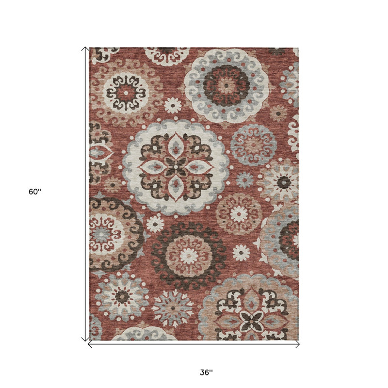 3' X 5' Orange Taupe And Gray Floral Medallion Washable Indoor Outdoor Area Rug