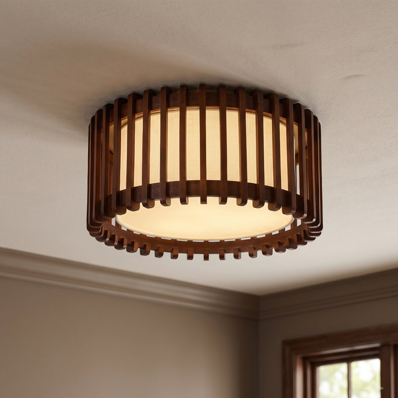 3-Light Walnut Wood Flush Mount with Fabric Shade