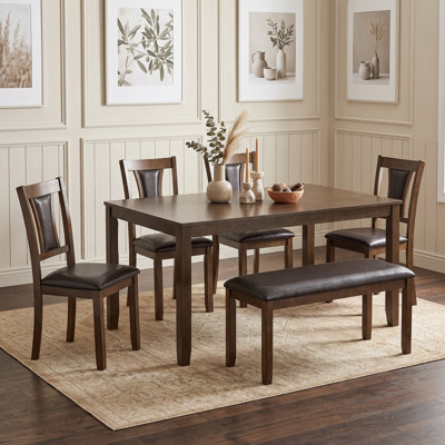 Farmhouse 6-Piece Wooden Dining Table Set with Table, 4 Upholstered Chairs and Bench for Dining Room