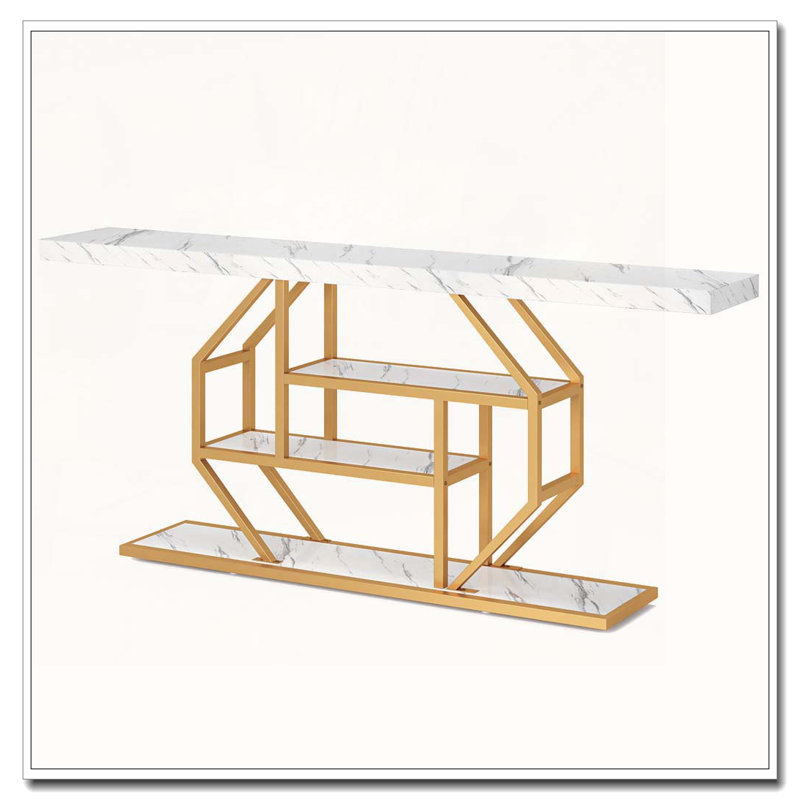Modern Four-Tier Console Table with Gold Geometric Metalwork Storage