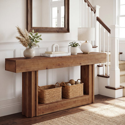 Console de 63 po en bois massif, table d'entrée longue à 2 niveaux
