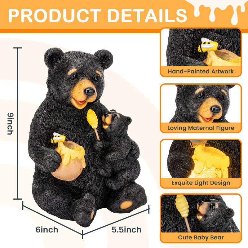 Solar Garden Statues Figurine Lights for Outdoor, Yard, Garden Decor Unique Housewarming Gifts for Mom, Black Bear