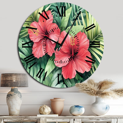 Horloge murale en métal de style bord de mer avec hibiscus et palmiers tropicaux