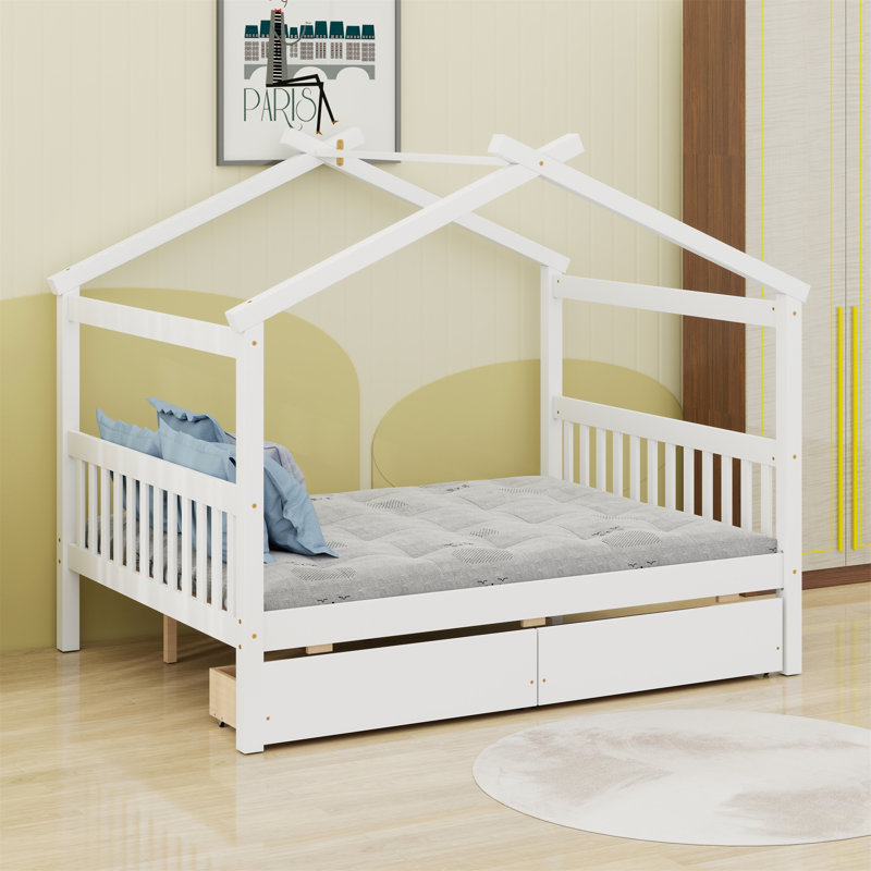 Wooden House Bed With Drawers, Full, White