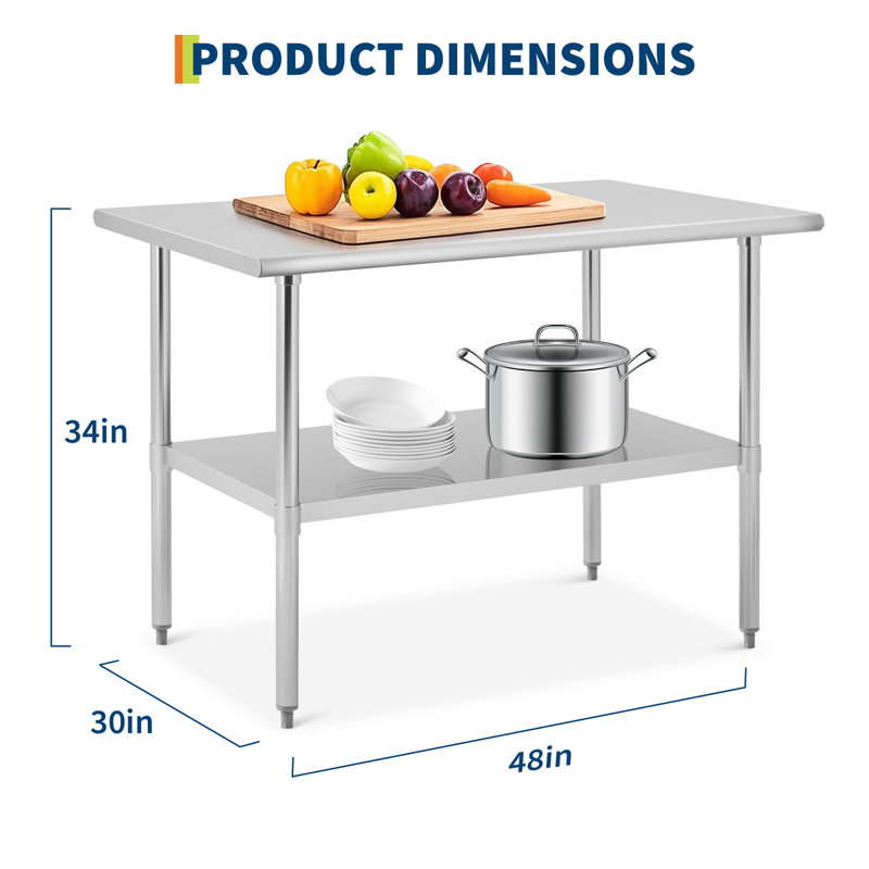 Table de préparation en acier inoxydable robuste à 2 niveaux de P 30 po x l 48 po x H 34 po - Approuvé par la NSF avec tablette et pieds réglables - pour une utilisation commerciale dans la cuisine et le garage