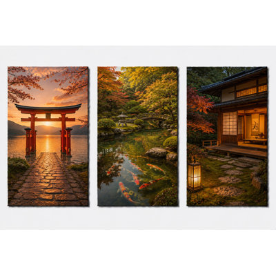 Extra-LargeExtra-Large Set of 3 Japanese Zen Garden Wall Art Torii Gate Koi Pond Canvas Decor Asian  Artwork for Living Room Office 24x36 Inch Canvas Print - Ready to hang