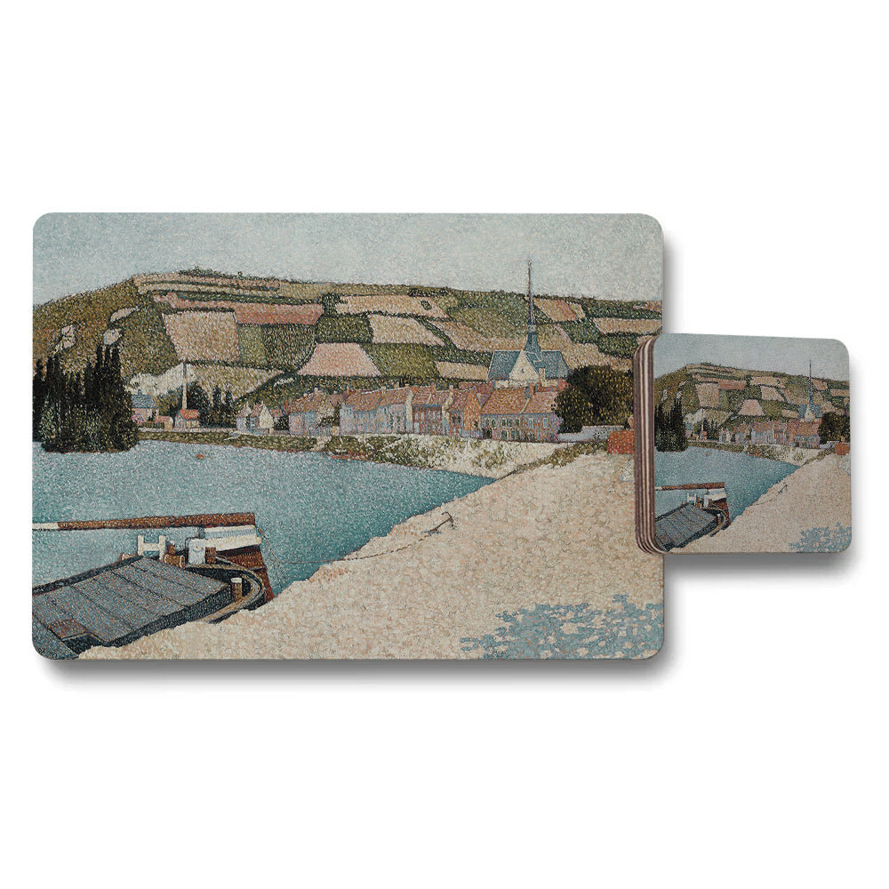 River Town Scenic Placemat And Coaster Set Vintage Artwork