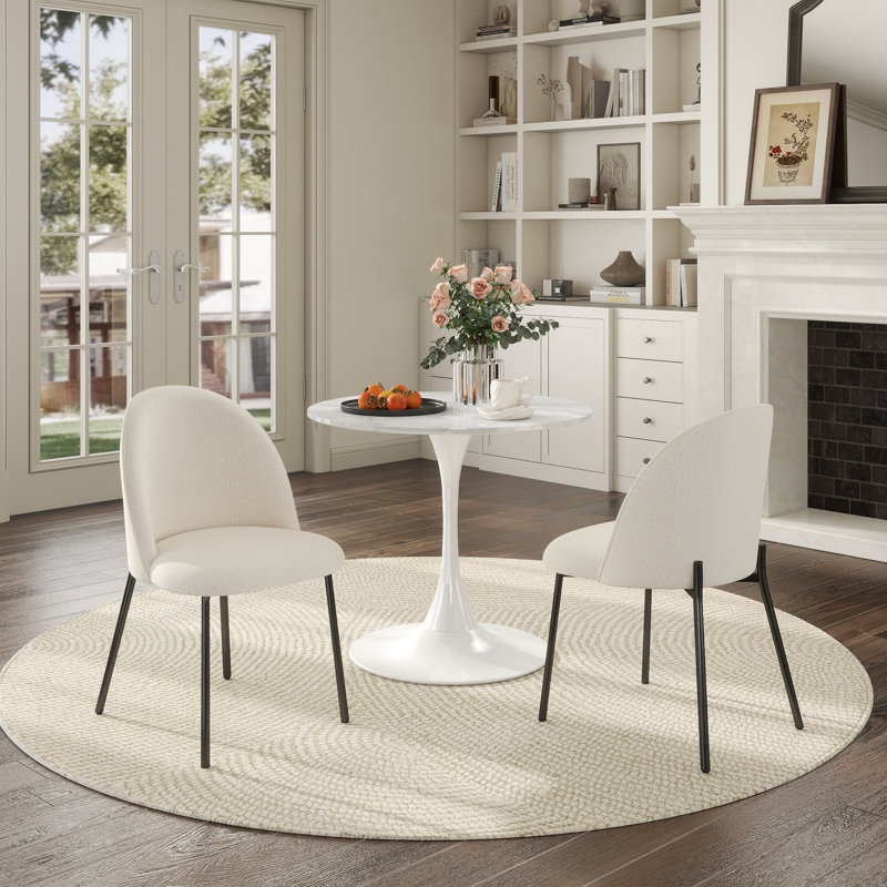 Modern 31.5" Round Tulip Dining Table Set For 2–4 People, MDF-Top Pedestal Kitchen Table With White Bouclé Chairs And Black Metal Legs, Space-Saving Dining Set For Small Apartments And Studios