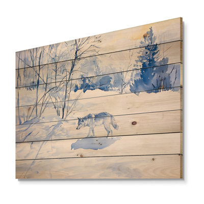 Wolf Solitude In The Snow II - Modern Wooden Wall Art On Natural Pine Wood