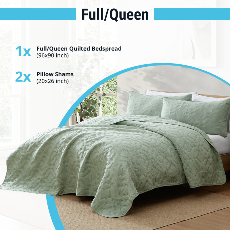 HLC.ME Logan - 3 Piece Quilt Set, Lightweight Bedspread Coverlet Set, Queen Quilt + 2 Standard Shams, Sage Green