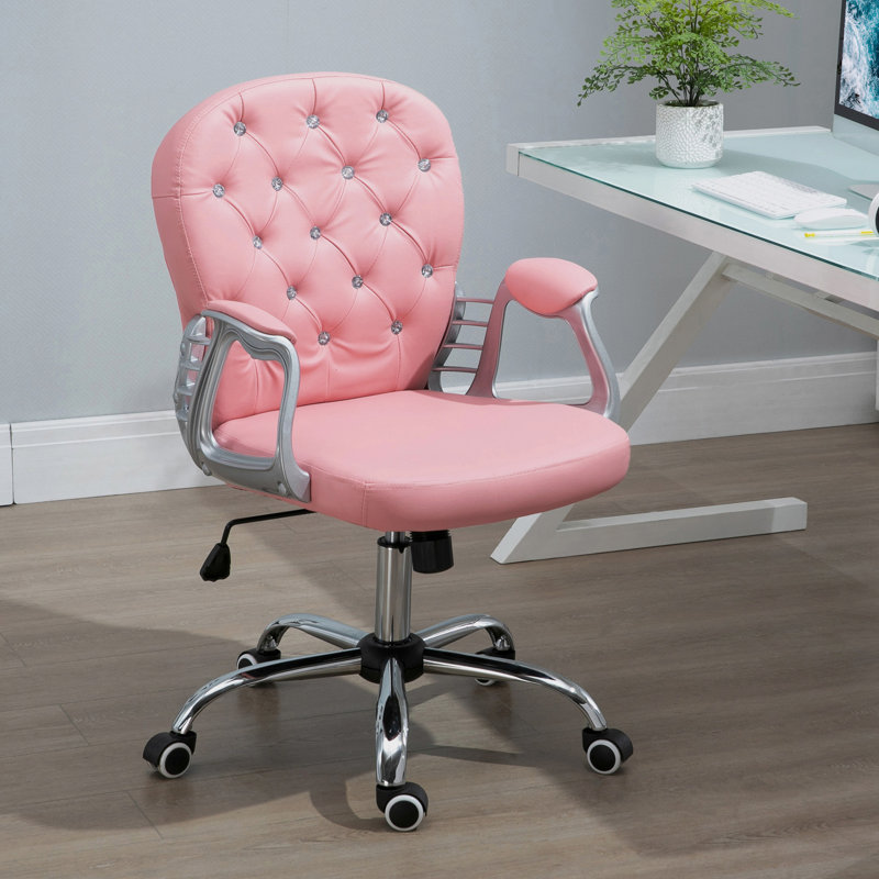 Chaise de bureau rose avec revêtement en cuir de polyuréthane, détails à boutons, rembourrage, hauteur réglable et fonction de rotation pour un siège de bureau à la maison en rose