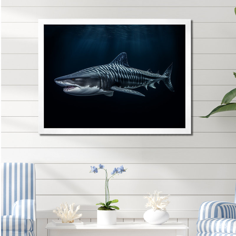 " Tiger Shark Territory II ", White Single Picture Framed, 16" H x 32" W x 1" D