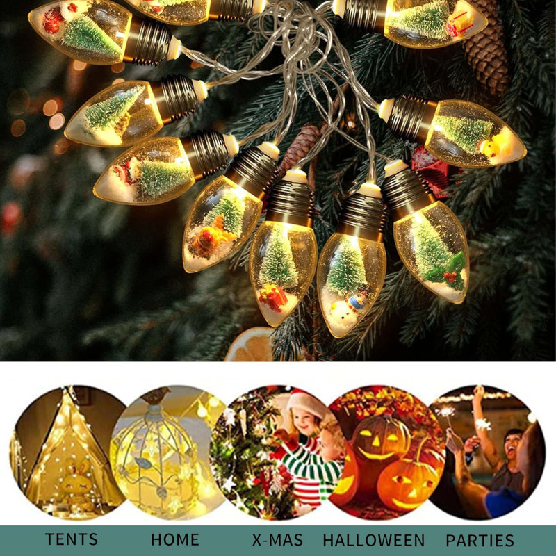 Nostalgic 6.6ft Vintage Christmas String Lights - 10LED Snow-Globe Bulbs + Tree/Snow Ornaments - Cozy Glow for Mantel/Fireplace