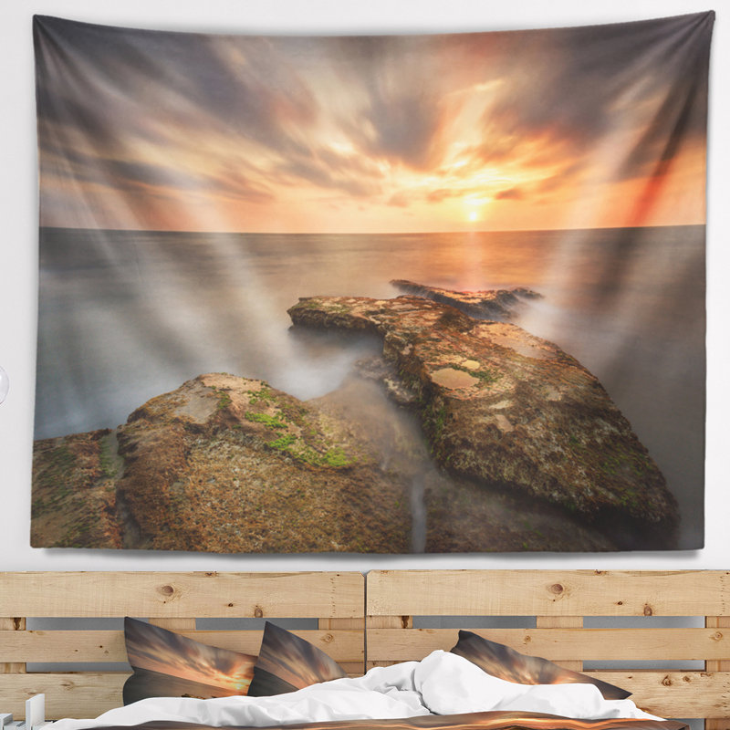 Seascape coucher de soleil à l’atlantique coast tapisserie espagne, H 32 po x l 39 po